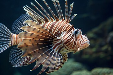 Striped Lionfish Underwater Portrait:  Intricate Detail, Vibrant Colors, Serene Aquatic Mood.