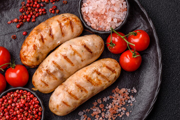 Grilled chicken or beef sausages, a hot meat dish. Barbecued sausages