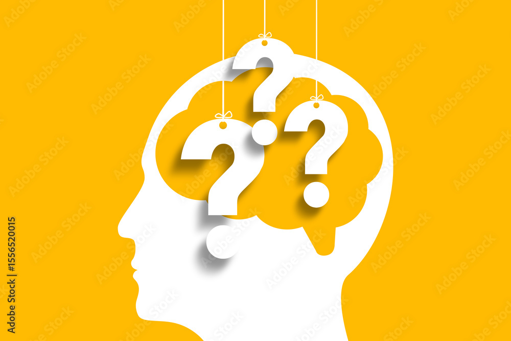 Aufkleber thinking brain with question marks design on yellow background