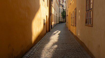 Fototapeta premium Cobblestone lane in a historic city, bathed in warm sunlight. Traditional architecture, old world charm, creates a picturesque urban scene.