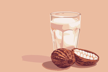 Vector illustration of cacao water in a glass and half of cacao fruit with palm leaves on a peach backdrop