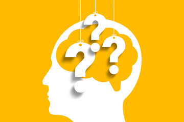 Thinking Brain with Question Marks design on yellow background