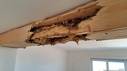 Damaged wooden beam with visible wood rot and insect infestation. Needs repair.  Structural damage in residential building with pest control needed.