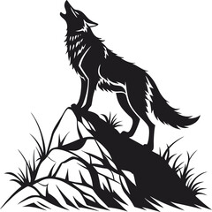 wolf howling silhouette A black silhouette of a wolf howling on a rock  Set of wolf silhouettes. Wolf silhouette isolated.