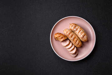 Grilled chicken or beef sausages, a hot meat dish. Barbecued sausages