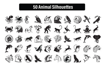 Vector Pack of 50 Animal Silhouettes Monkeys Birds Sea Creatures Wild and Domestic Animals