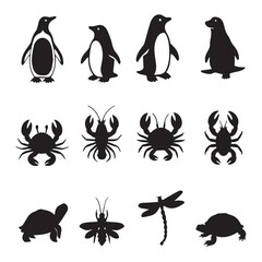Naklejka premium Silhouetted penguins crabs and other sea creatures isolated on white background