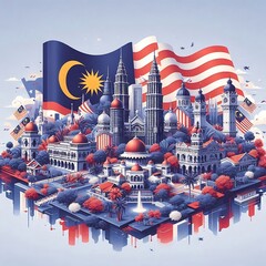 Majestic malaysian cityscape showcasing national pride with vibrant flag and iconic architecture
