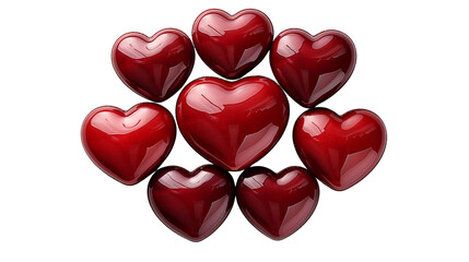 Grouping of glossy red hearts arranged beautifully on white surface for a romantic Valentine's Day or love themed concept transparent.