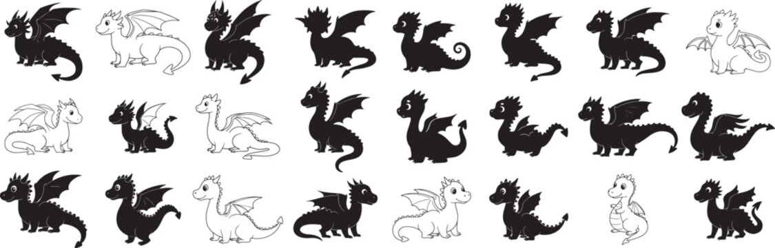 Collection of cartoon dragon illustrations in both black silhouette and white outline designs on white