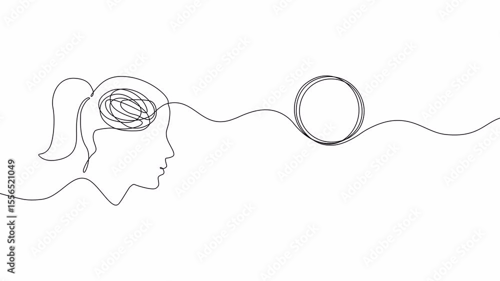 Poster video. head of a woman with a tangled mind transitioning into an unraveling thread of thoughts, one 