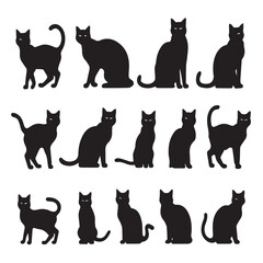 Black cat silhouettes in various poses isolated on white background