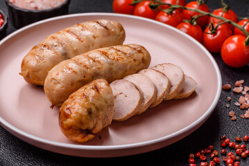 Grilled chicken or beef sausages, a hot meat dish. Barbecued sausages
