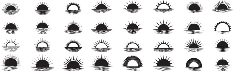 Collection of sun and sea icons in black and white showing different sun ray and water wave styles