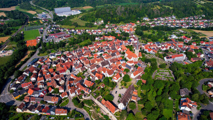 Aerial view around the old town in the city Grünsfeld on an sunny spring day in Germany