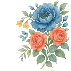 Fototapeta premium Watercolor floral arrangement with blue and coral roses isolated on transparent background