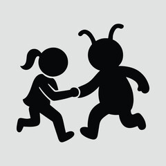 Silhouette girl and alien friend running together holding hands Vector illustration