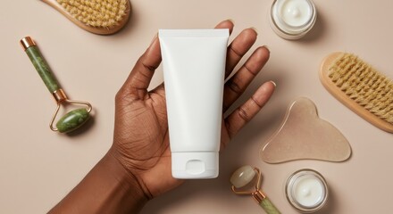 Skincare Tube Mockup on Brown Skin Hand with Clean Beauty Accessories, Flat Lay