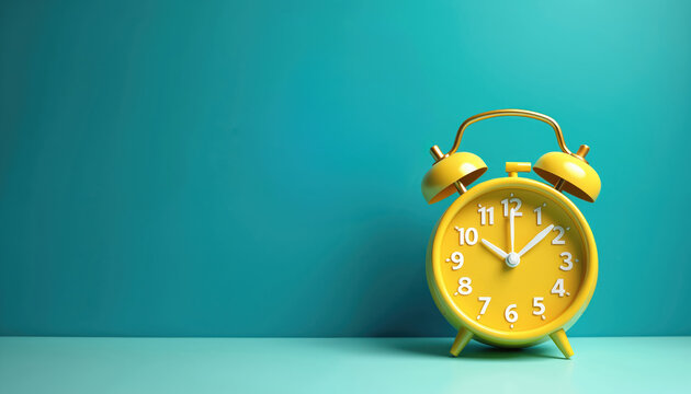 Yellow alarm clock on blue background, perfect reminder of time, wake-up call. Deadline, punctuality, planning, morning wake up, time management. Generative AI art.