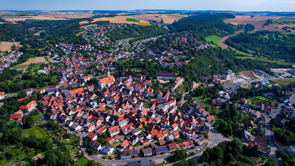 Aerial view around the old town in the city Grünsfeld on an sunny spring day in Germany