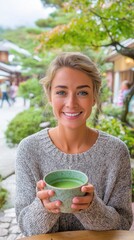 Tranquil Garden Tea Time: Smiling Young Woman Embraces a Cozy, Mindful Moment in Serene Surroundings.