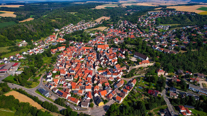Aerial view around the old town in the city Grünsfeld on an sunny spring day in Germany