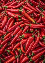 A pile of vibrant red chili peppers with green stems, densely packed together.