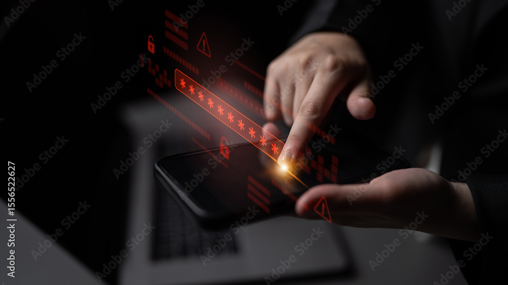 Poster password security breach warning with red asterisk box, cybersecurity alert, lock icons, and critica