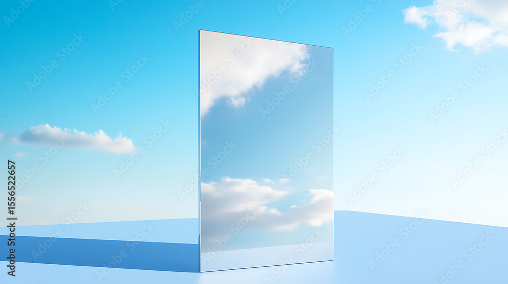 Poster sky reflection: a rectangular mirror stands on a light blue surface, reflecting the sky and clouds, 