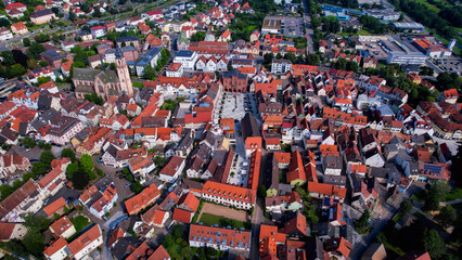 Aerial view around the old town in the city Tauberbischofsheim on an sunny spring day in Germany