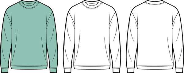 Classic Unisex Crew Neck Sweatshirt Flat Sketch Template for Apparel Design, Casual Wear Mockups, Fashion Illustration, and Clothing Technical Drawings.