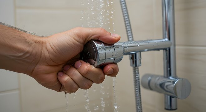 Close-up of a male hand turning off a shower, focus on fingers and water control, modern bathroom setting, concept of water conservation, clean and minimalistic environment, soft natural lighting.