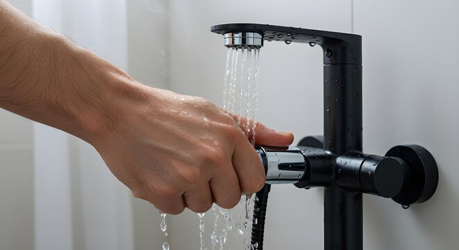 Close-up of a male hand turning off a shower, focus on fingers and water control, modern bathroom setting, concept of water conservation, clean and minimalistic environment, soft natural lighting.