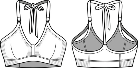 Stylish Women's Halter Neck Bralette Flat Sketch Template for Lingerie Design, Intimate Apparel Mockups, Fashion Illustration, and Technical Drawings.