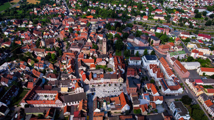 Aerial view around the old town in the city Tauberbischofsheim on an sunny spring day in Germany
