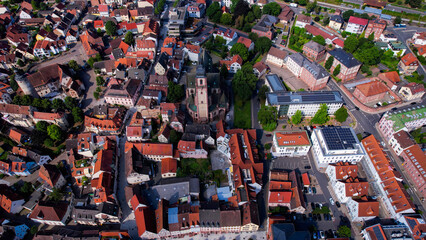 Naklejka premium Aerial view around the old town in the city Tauberbischofsheim on an sunny spring day in Germany