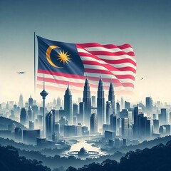 Majestic malaysian flag waves over kuala lumpur skyline at dawn