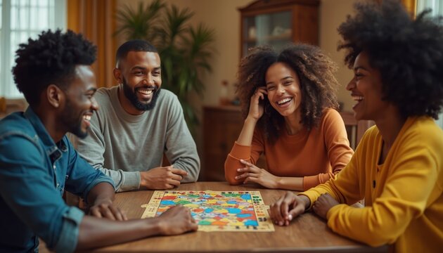 Group friends enjoy board game night. Black people smile laugh. Bonding time playing together. Diverse people having fun leisure time. Happy black people playing board game, joy.