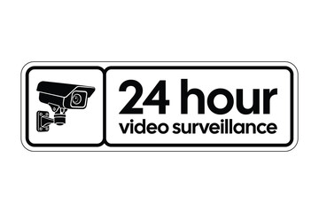 24 Hour Video Surveillance Sign with Security Camera Icon – Property Monitoring and Safety Warning – High Quality Vectorial Stock Image