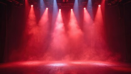 Dramatic stage lighting with red spotlights, smoke. Theatre, performance, show, concert atmosphere. Empty stage scene creates strong visual effect. Ideal for theater, concert announcements,