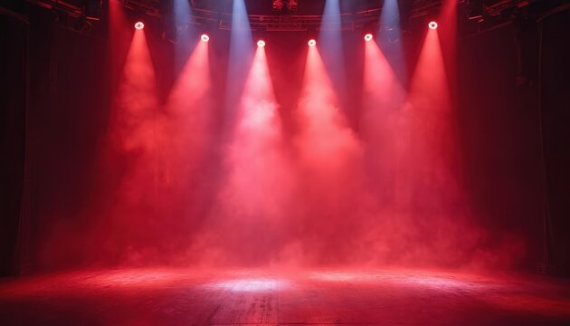 Dramatic stage lighting with red spotlights, smoke. Theatre, performance, show, concert atmosphere. Empty stage scene creates strong visual effect. Ideal for theater, concert announcements,