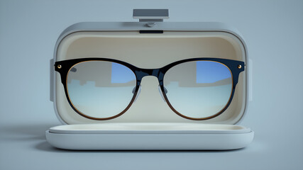 A pair of glasses is displayed in a case