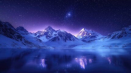 Majestic snow-capped mountains reflect in a tranquil night lake under a starry sky.
