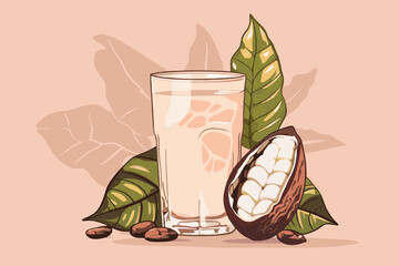 Vector illustration of cacao water in a glass and half of cacao fruit with palm leaves on a peach backdrop