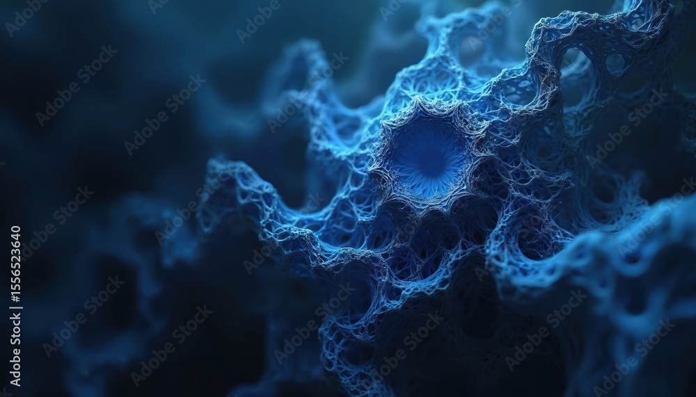 Poster Abstract 3D rendering blue technology fractal background. Fractal pattern tech innovation, digital design, modern concepts. Ideal for science, tech presentations. Futuristic, cybernetic, geometric,