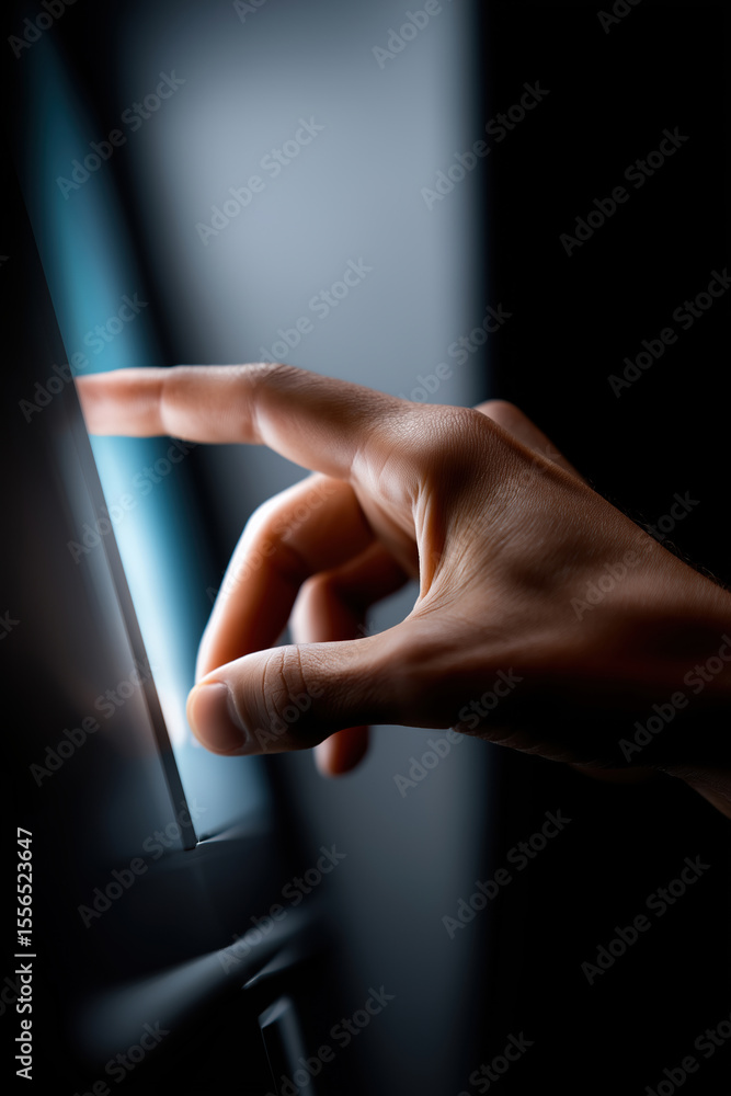 Poster hand interacting with a touchscreen in a dimly lit environment during evening hours