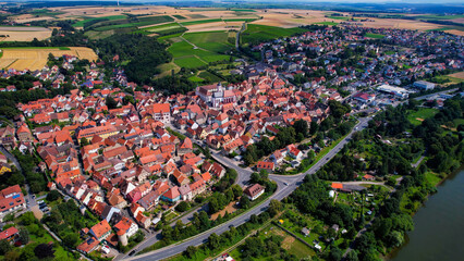 Aerial view around the old town in the city Dettelbach am Main on an sunny spring day in Germany