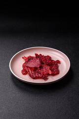 Jerky or dried chicken and cherry snacks. Dehydrated, dried snacks for beer