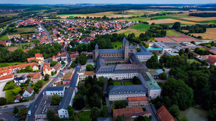 Aerial view around the old town in the city Schwarzach am Main on an sunny spring day in Germany
