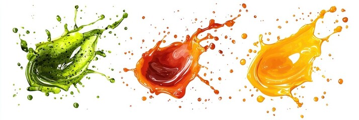 Cutout of set of 3 subject, chimichurri sauce, hot sauce, and honey mustard splashed in vibrant green, fiery red-orange, and glossy yellow-gold colors, isolated on white background